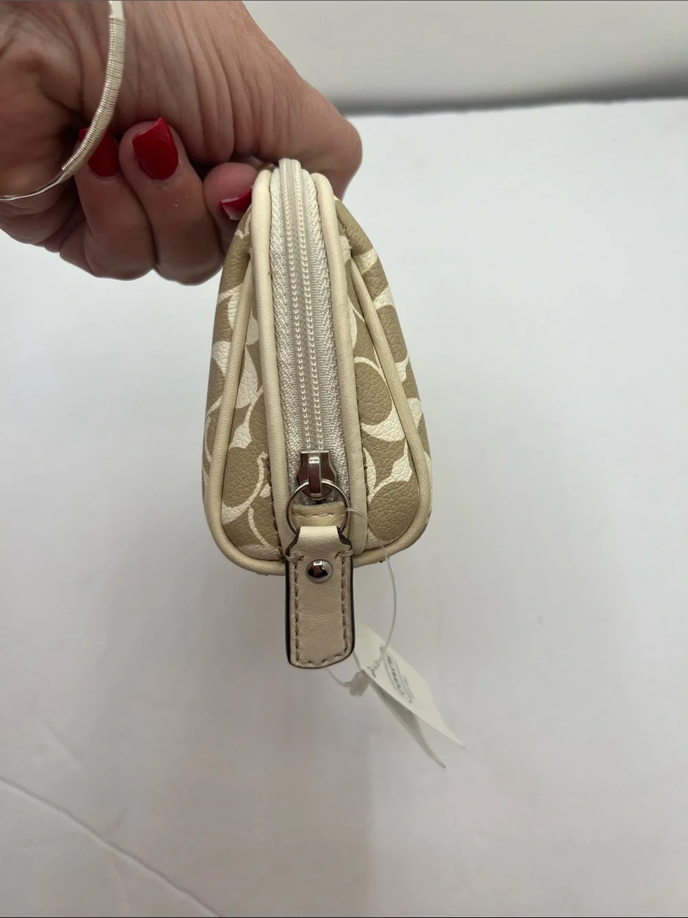 Coach Beige Signature Cosmetic Case with Pink Center Stripe